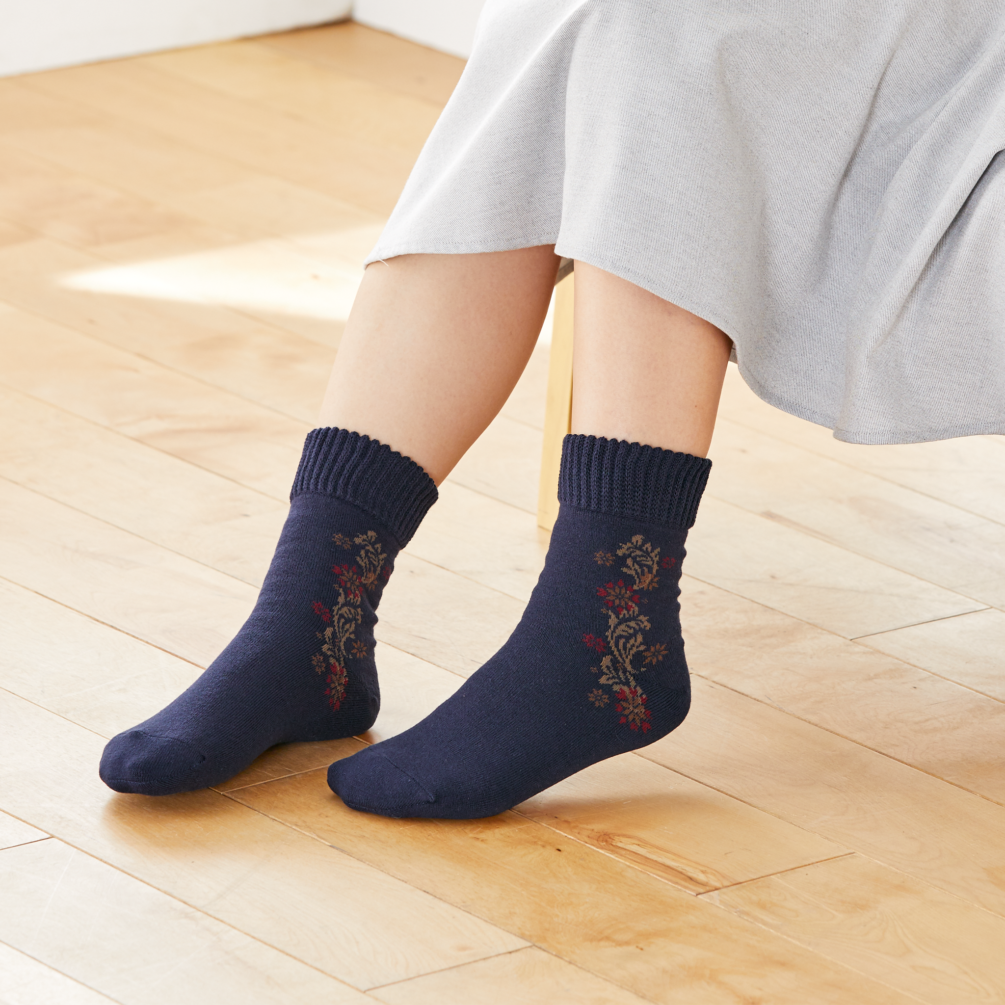 Smooth-heel socks double-layer wool blend [Flowers above ankle] - 760